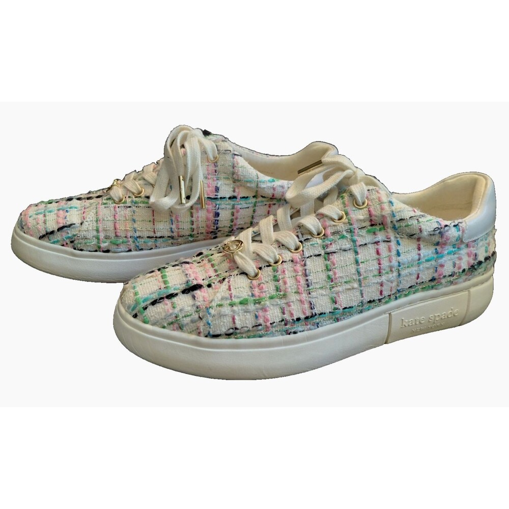 Kate Spade Lift Sneakers Womens Sz 8.5B White w/ Plaid Tweed & Gold Accents